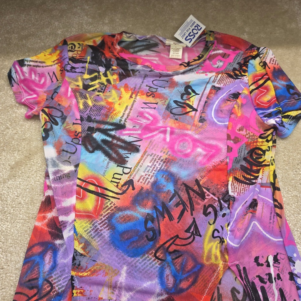 NYC Womens Graffiti Newspaper Print Mesh Maxi Dress Multicolor High Slit Size L